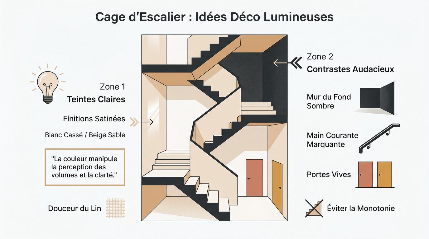 Aménagement lumineux d'une cage d'escalier fermée avec peinture claire et éclairage design