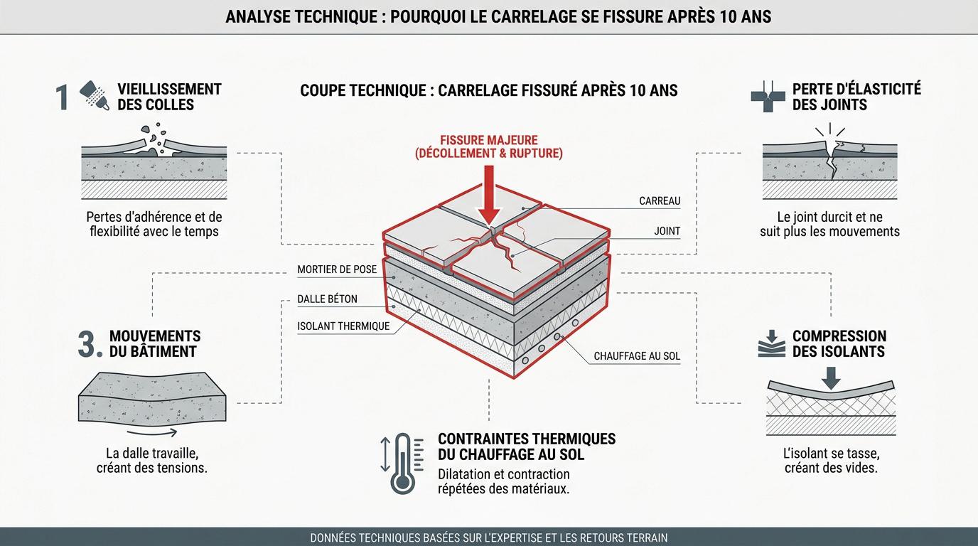 Schéma explicatif des causes de fissures sur un carrelage ancien