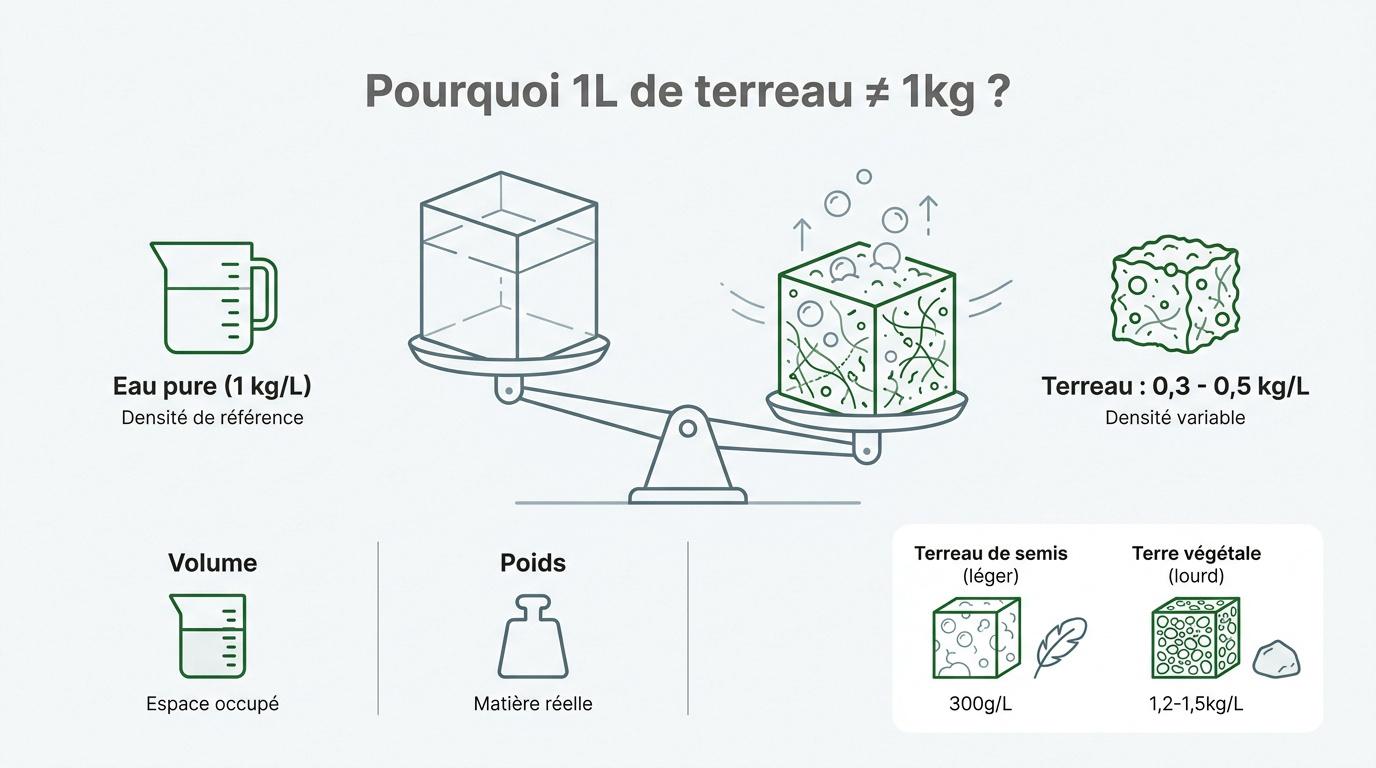 Comparaison visuelle entre le volume et le poids du terreau