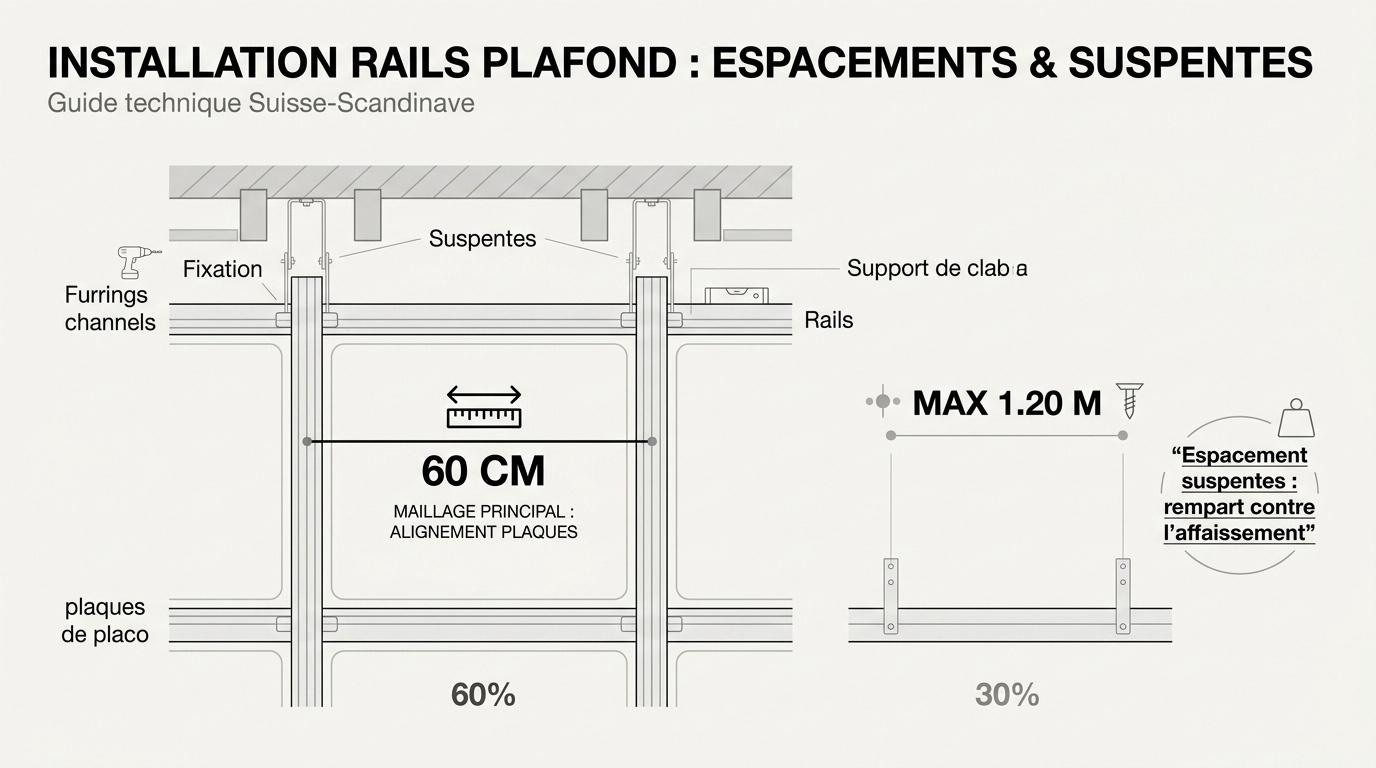 Schéma technique de l'entraxe des rails et des suspentes pour plafond en plaque de plâtre