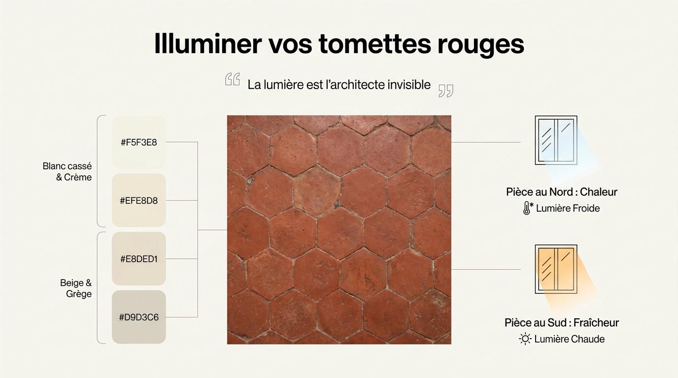 Salon lumineux avec sol en tomettes rouges et murs blanc cassé