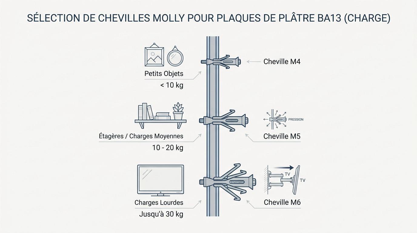 Sélection de différentes tailles de chevilles Molly pour plaques de plâtre BA13