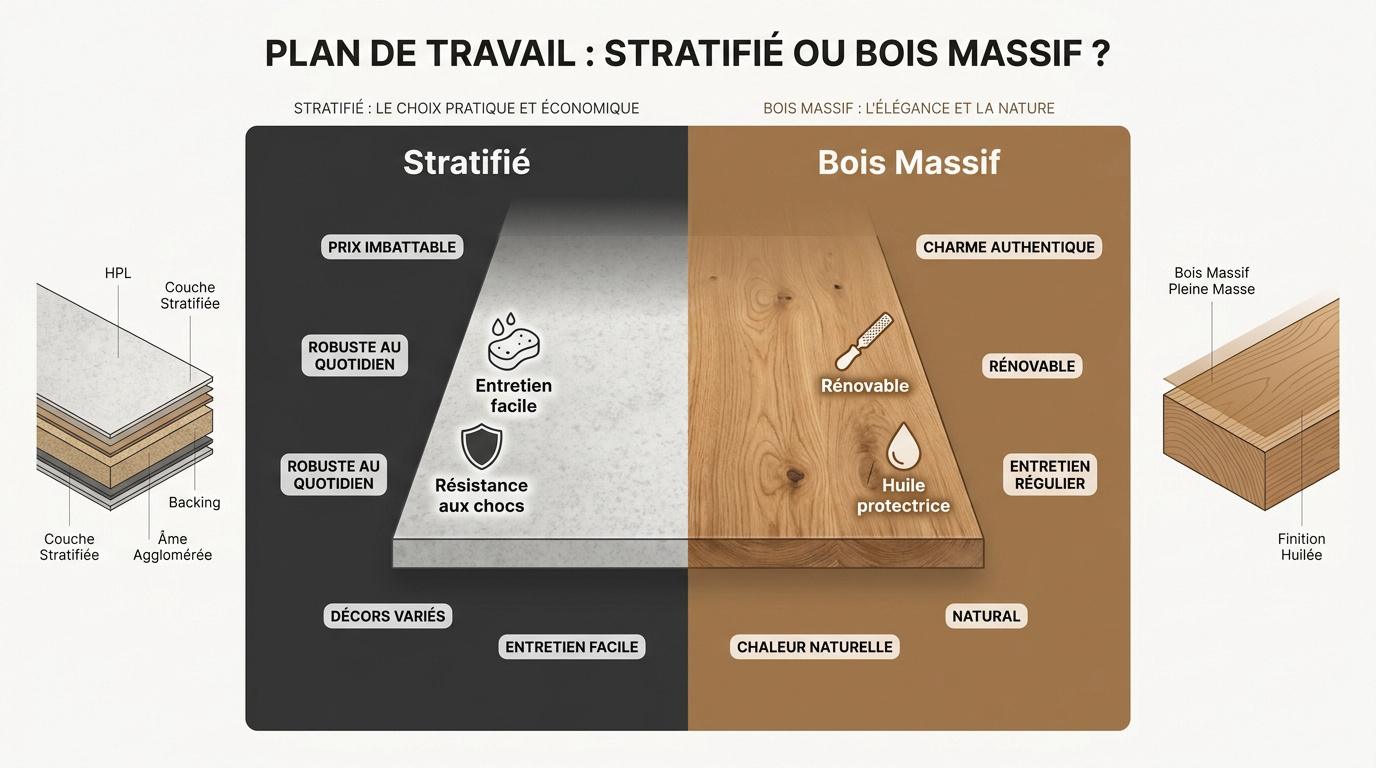 Comparaison entre un plan de travail en stratifié et en bois massif pour cuisine Brico Dépôt